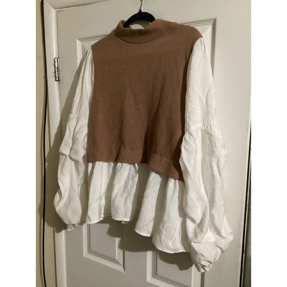 Anthropologie Mixed Media Mock Neck Puff Sleeve Peplum Sweater Top Tan White 2X